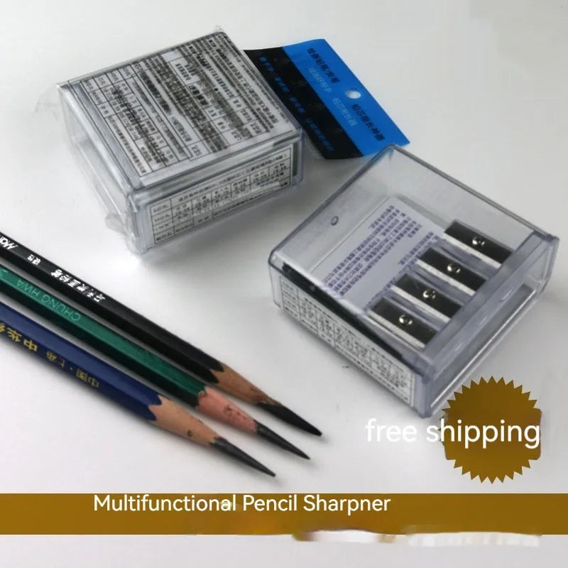 Geometric four-hole plastic pencil sharpener with colourful design for art and writing pencils