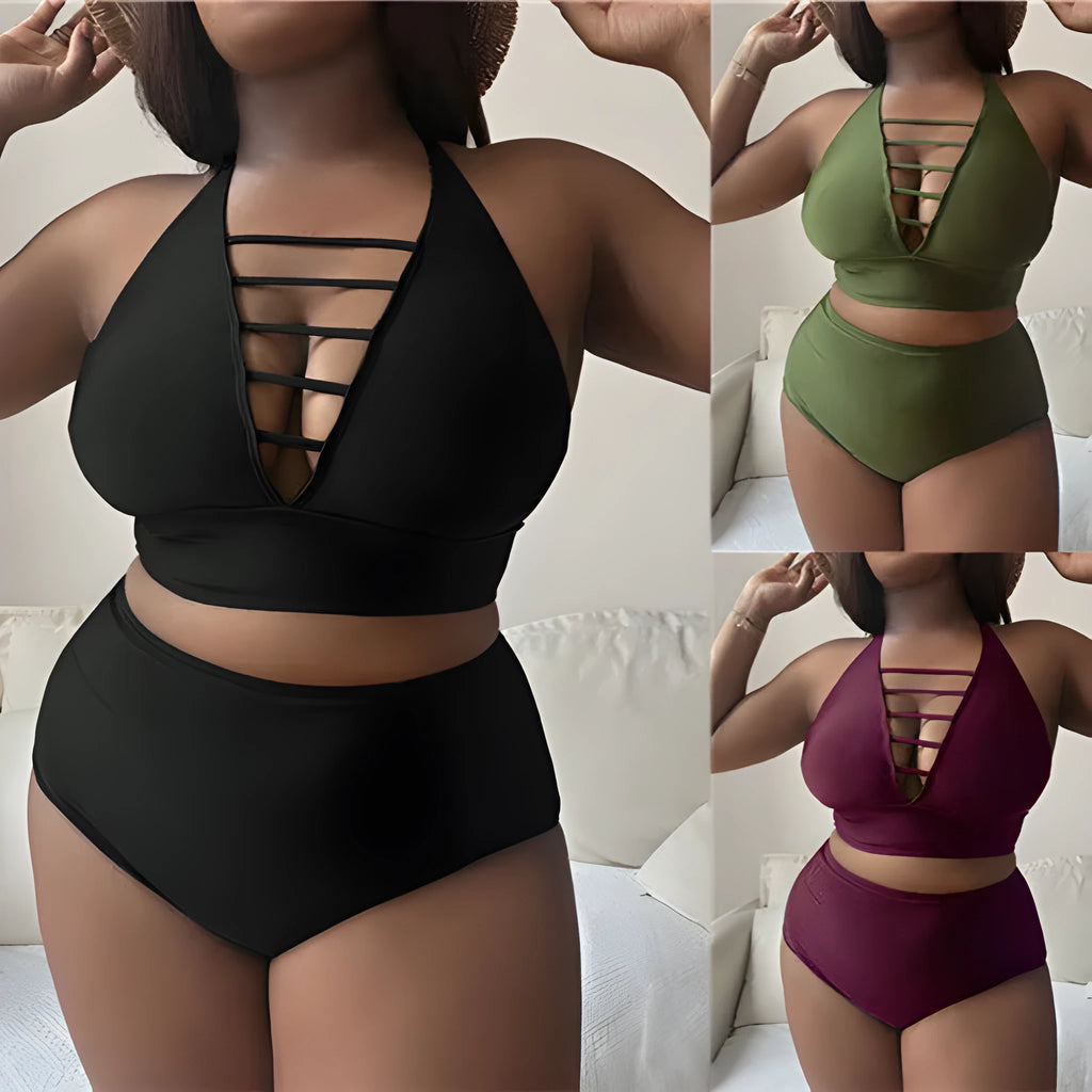 Plus size high waist halter bikini set in solid color with adjustable cross straps and backless design