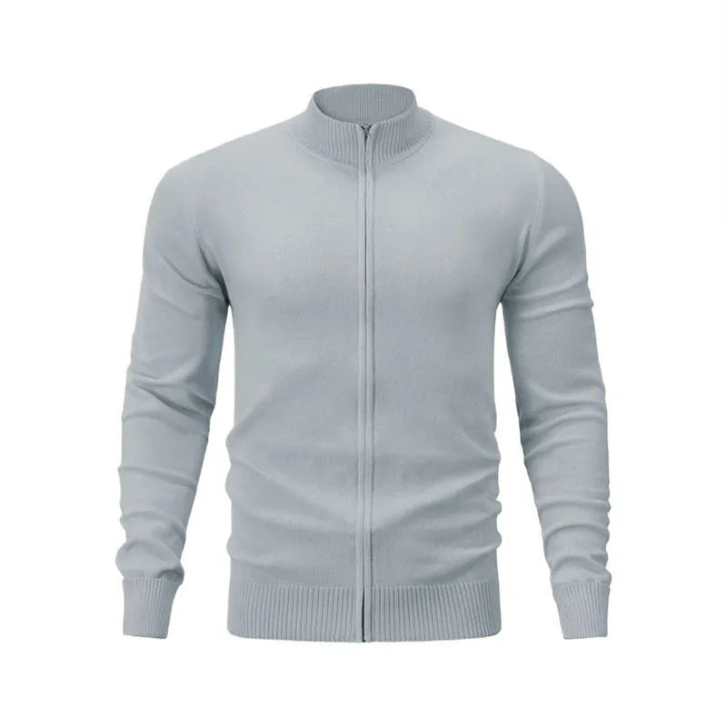 Man wearing a grey stand collar zip-up casual sweater