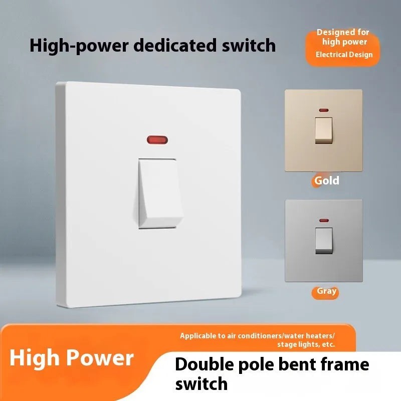 Curved rack electrical switch panel for 25A and 45A three-phase applications in gold, grey, or white