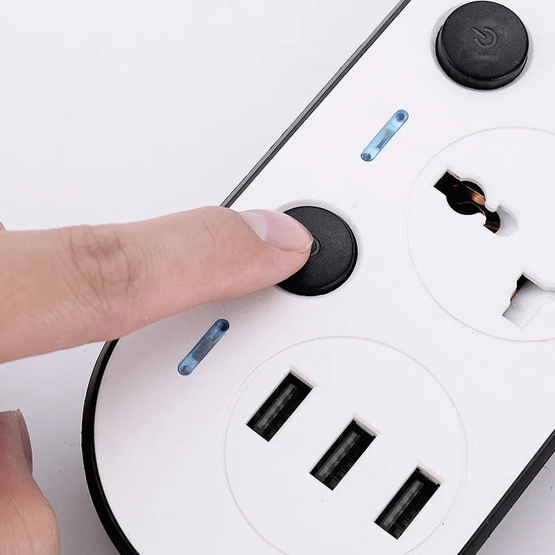 Multi-switch power strip with USB ports showing British, European and American plug formats