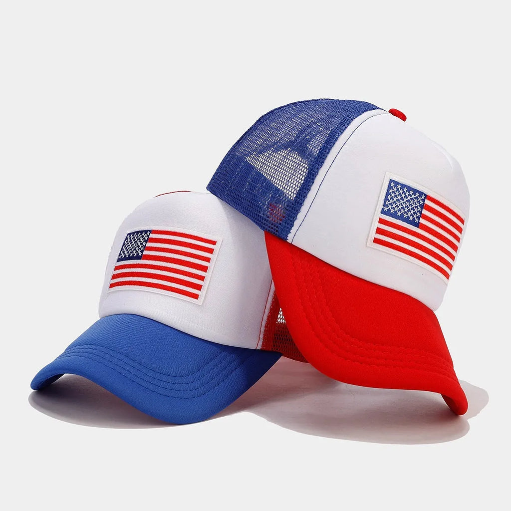 Red and blue mesh baseball cap with adjustable sizing strap
