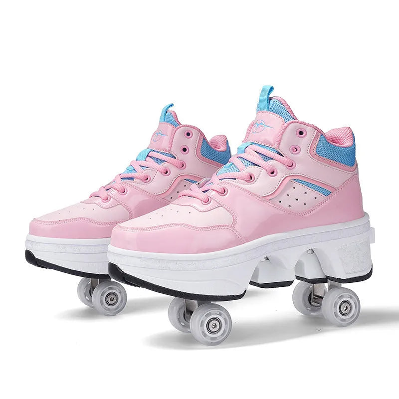 Women's minimalist retractable roller skates with PU wheels in DF06 black colour showing retracted mode