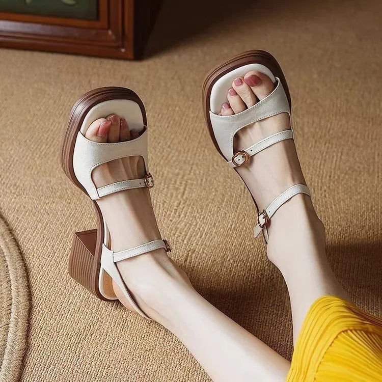 Women's retro platform sandals with open square toe design in brown colour