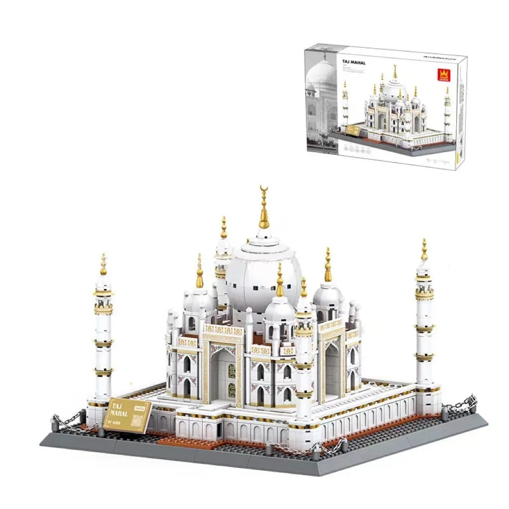 Wange building block set showing over 800 small ABS plastic pieces for constructing global landmark models.