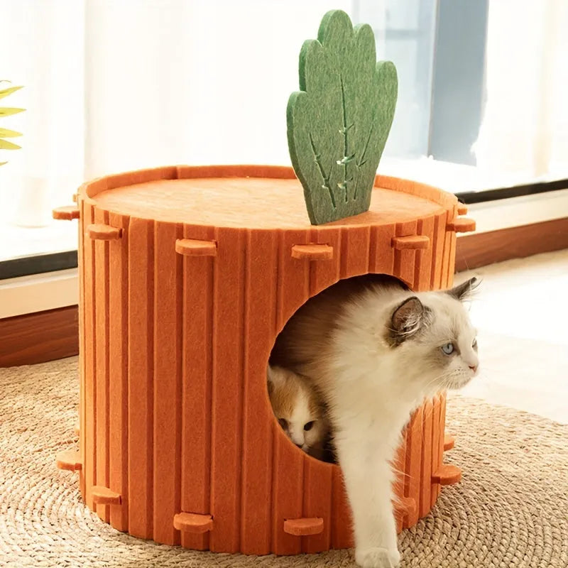 Carrot-shaped soft grey felt cat tunnel with openings, shown in two size options for indoor cats.