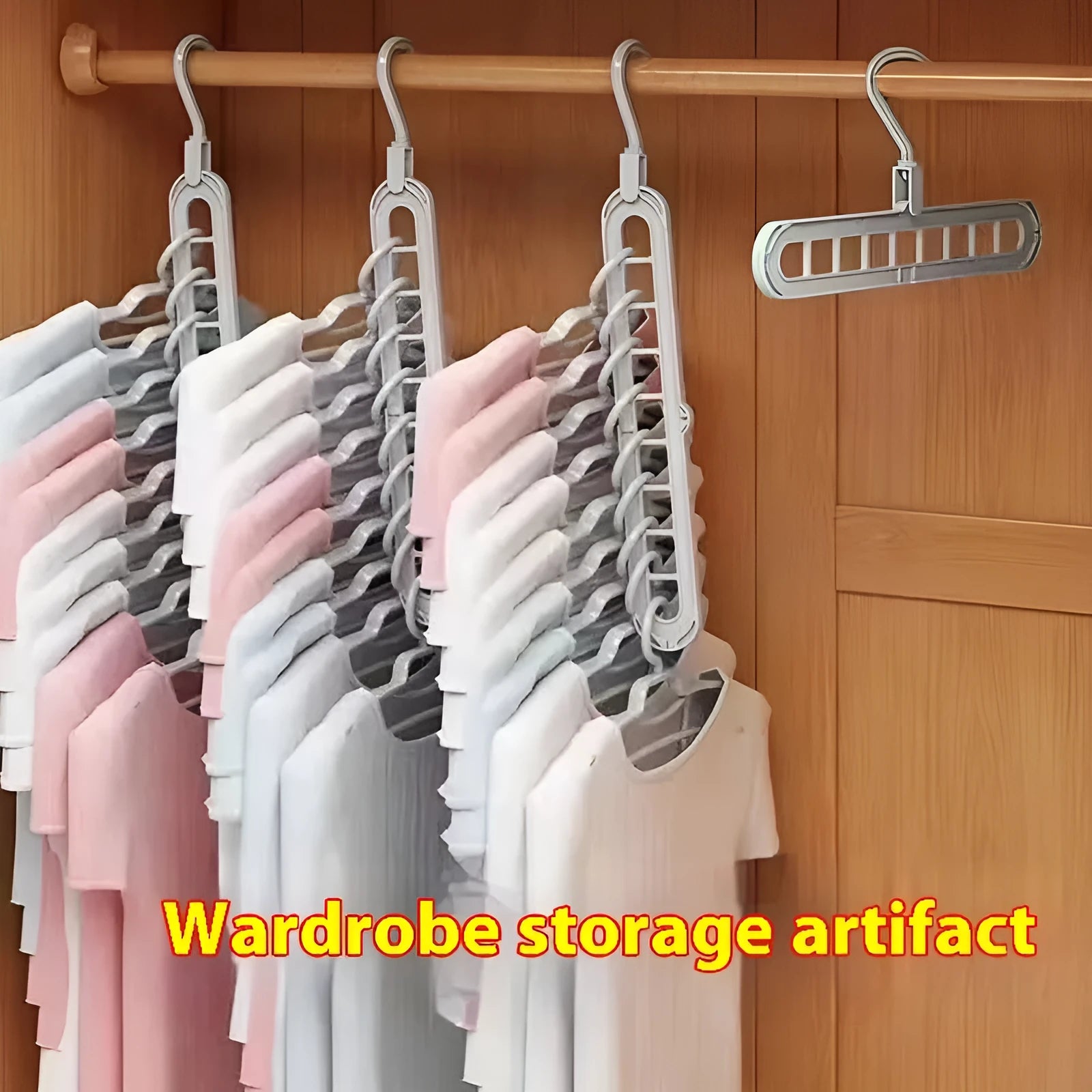 Green plastic nine-hole folding hanger for trousers shown in a dormitory wardrobe.