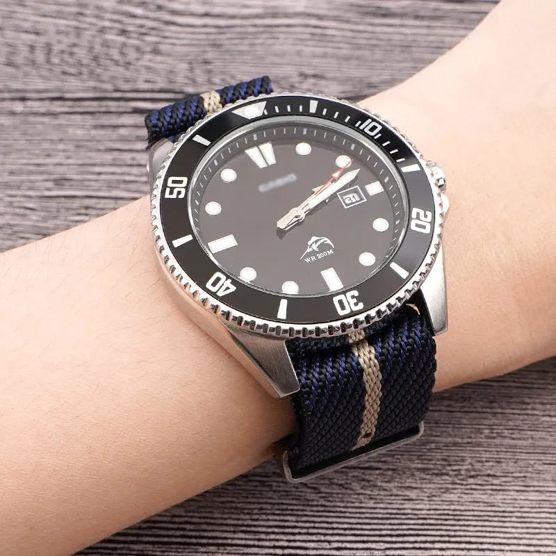 Nylon woven canvas watch strap with silver buckle in blue white yellow colour combination
