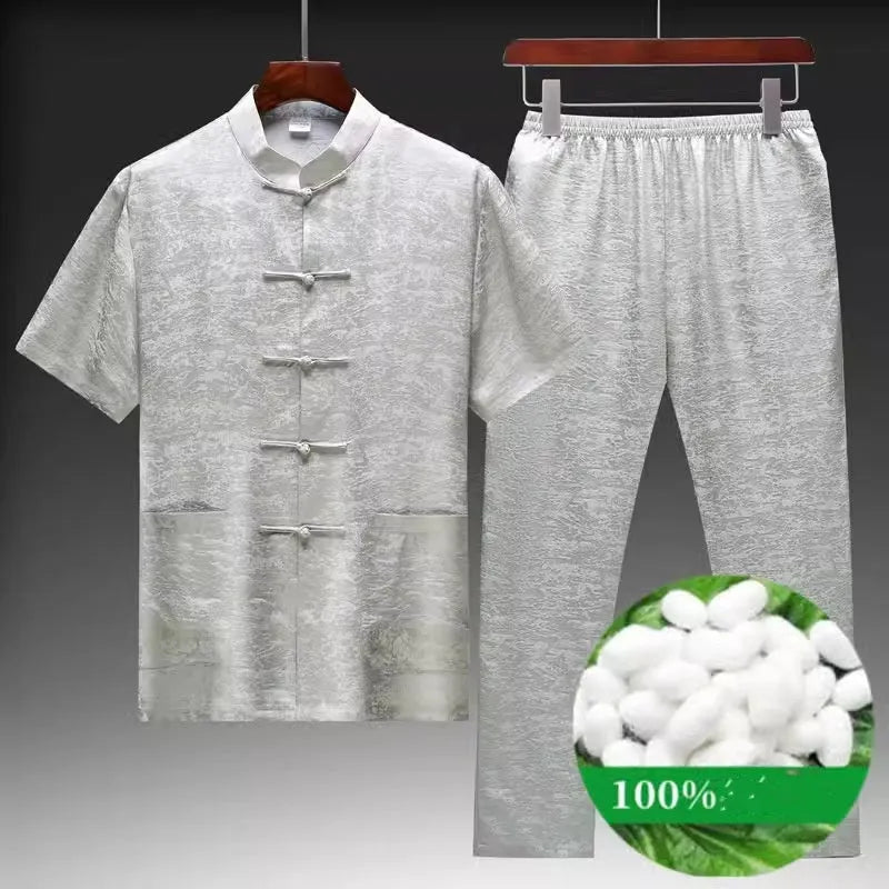 Men's traditional Chinese Tang suit in mulberry silk, available in light green, navy blue, and white.