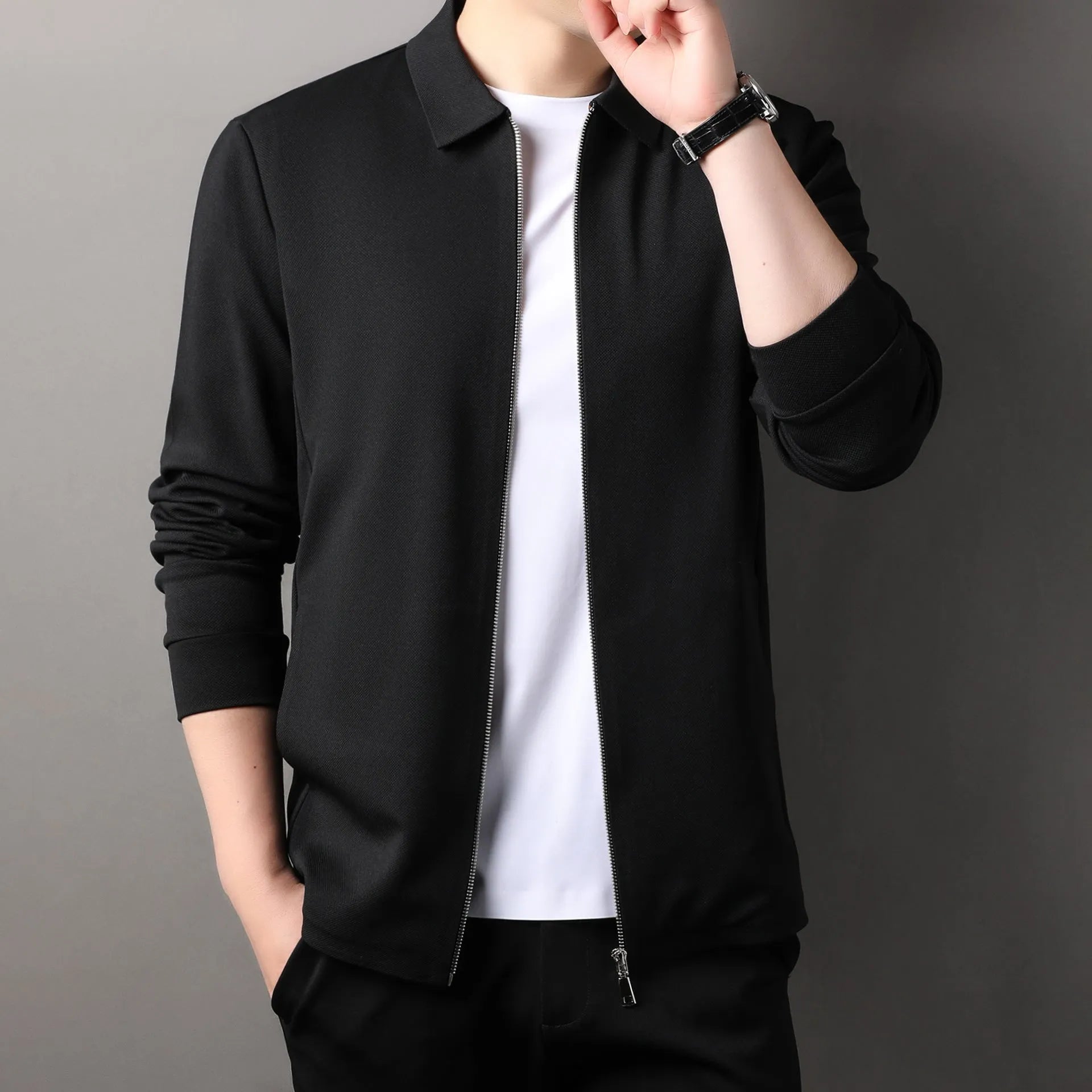 Men's polyester business jacket with straight hem in black, dark grey or apricot colours