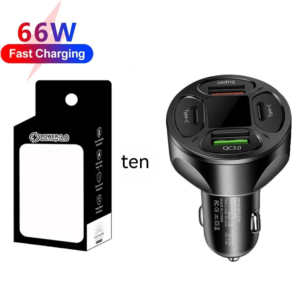 66W car charger with digital display showing dual USB and dual Type-C ports