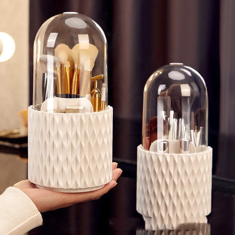 White acrylic makeup brush storage box with transparent design and rotating base