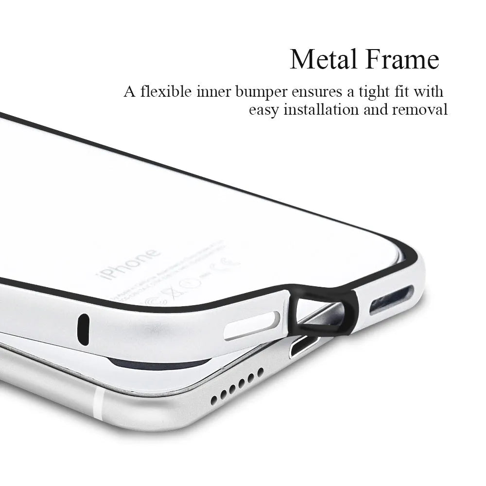 Red border silver frame metal phone case for iPhone 12 showing shockproof all-edge coverage