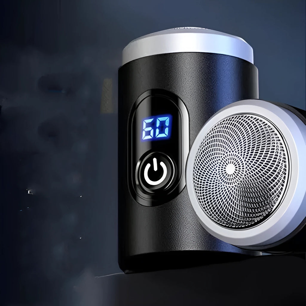 Black portable rechargeable shaver with USB charging cable and cleaning brush on a white background.