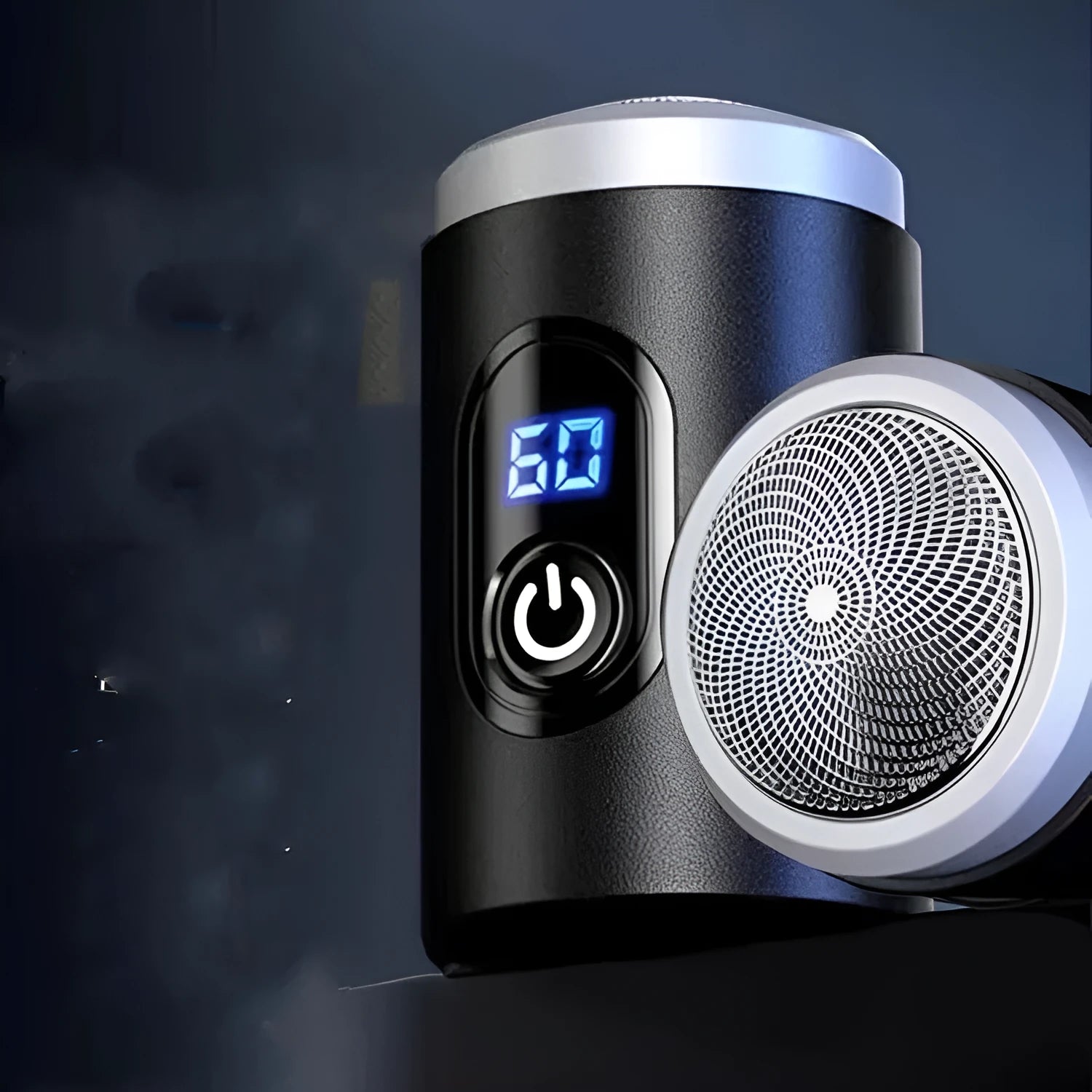 Black portable rechargeable shaver with USB charging cable and cleaning brush on a white background.