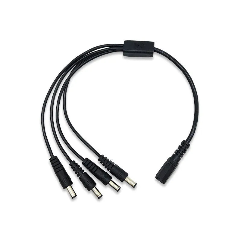 Black 12V DC 1-to-4 power splitter cable with five 5.5mm connectors for monitoring systems