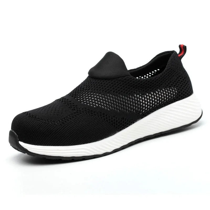 Men's lightweight black steel toe work safety shoes with mesh upper and anti-puncture sole