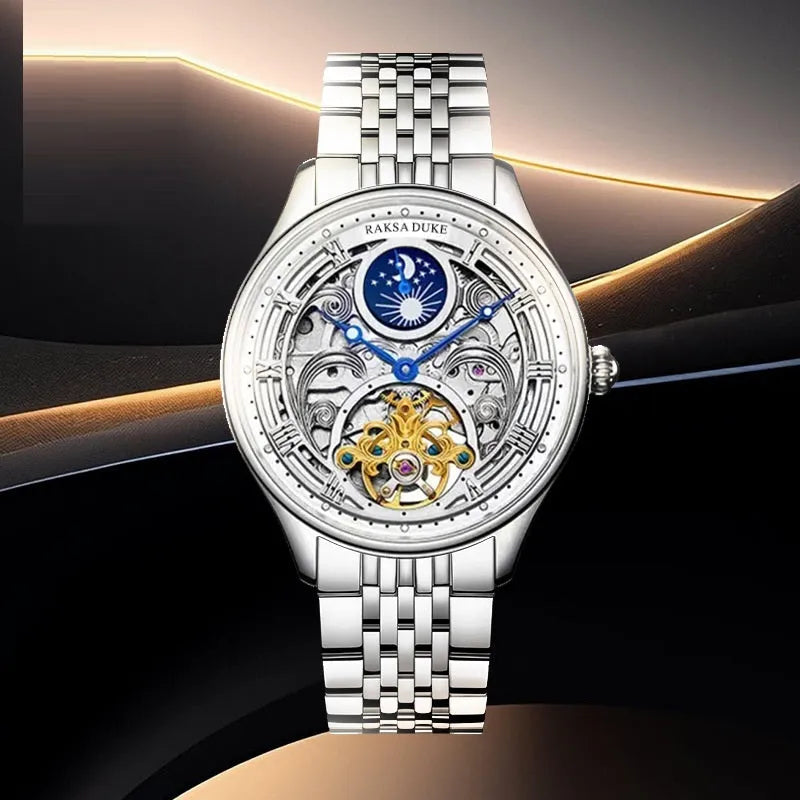 Men's waterproof business watch with steel strap showing 16mm thickness stainless steel case