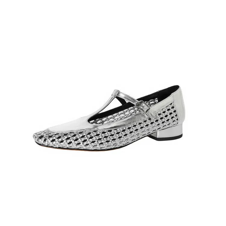 Mid heel cowhide leather Mary Jane sandals with square toe in silver, black, and white colour options