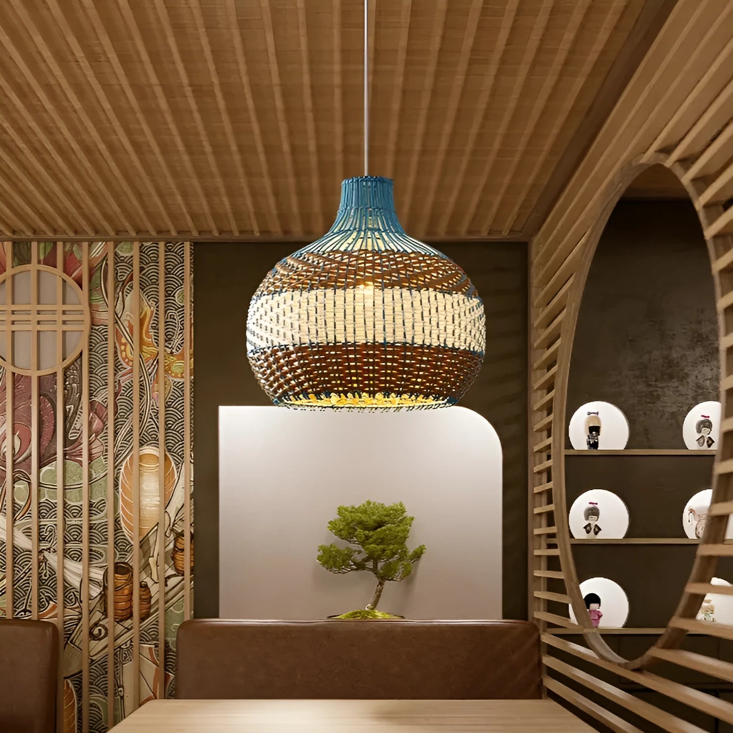 Vine woven rattan pendant ceiling lamp with natural materials in pastoral Southeast Asian style