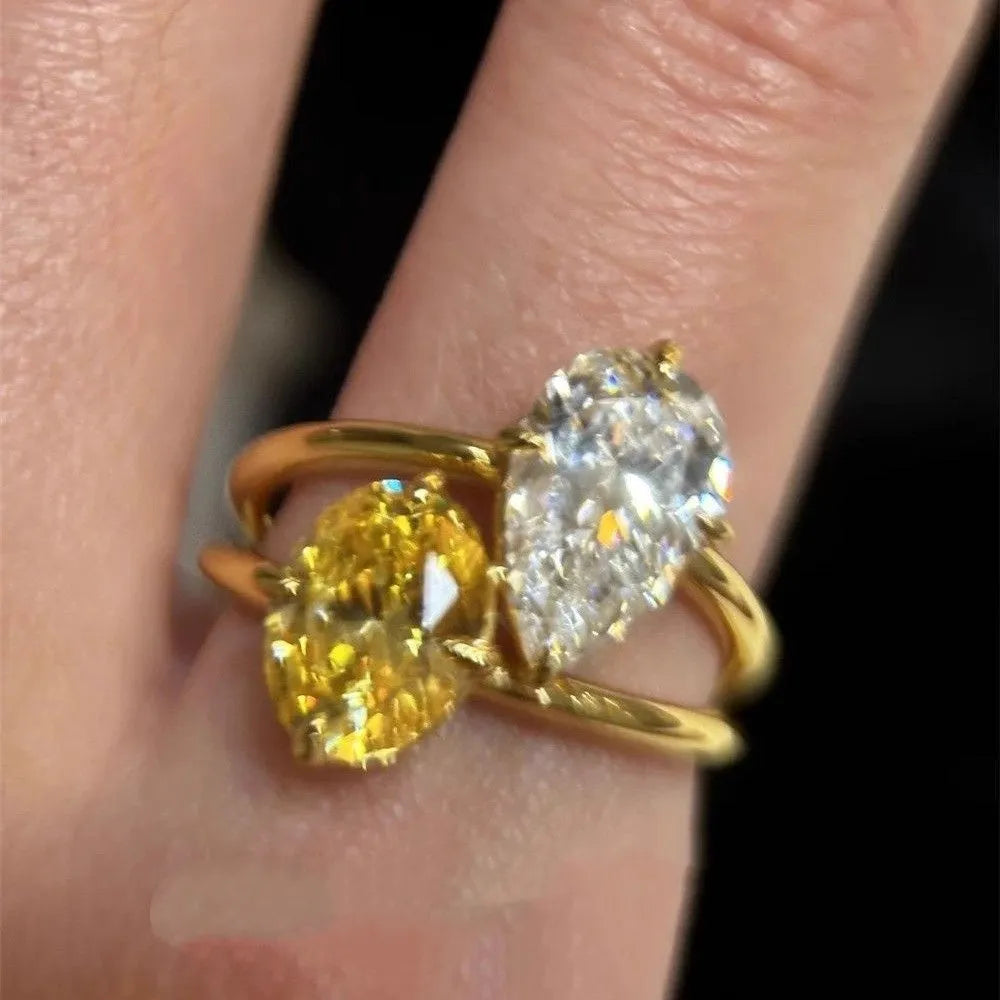 Copper geometric open ring with water drop double sheng stone contrast colour design for women