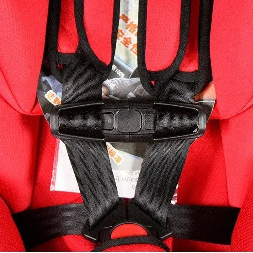 Black nylon child car seat belt buckle clip for 5-point harness, measuring 14.5 by 4 centimetres.