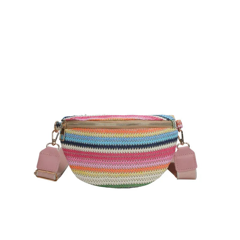 Blue woven straw beach bag with shell shape and single shoulder strap