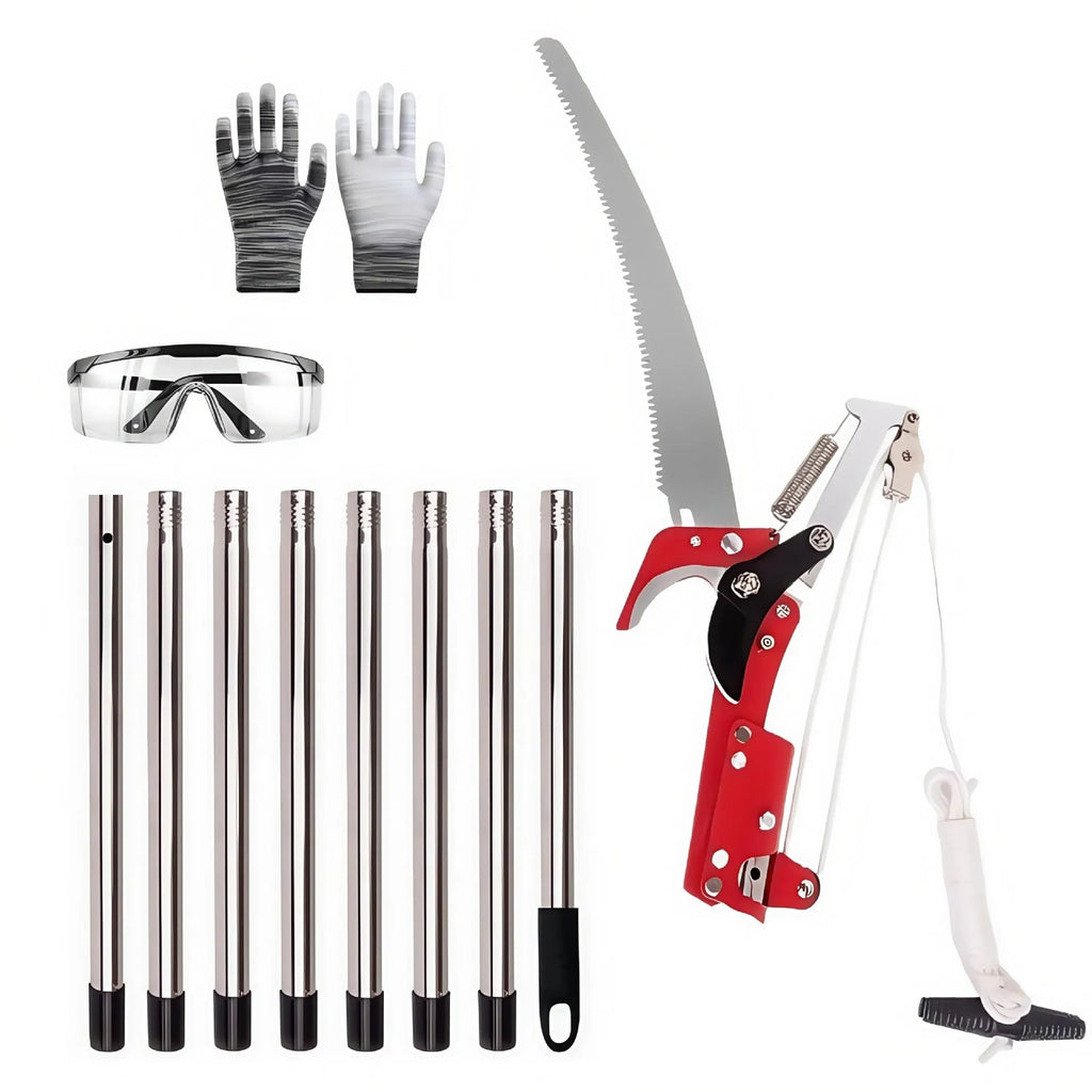 Pull rope pruning shears with 8-section metal pole extended to 3.3m for cutting high branches