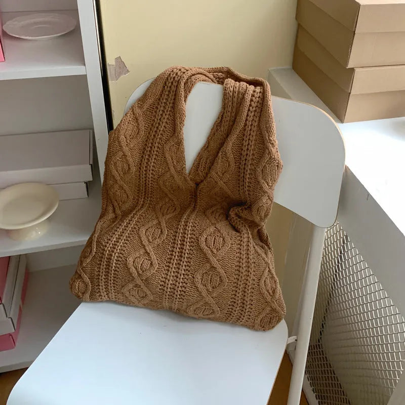 Retro hollow knitted polyester tote bag in a solid colour with double shoulder straps.