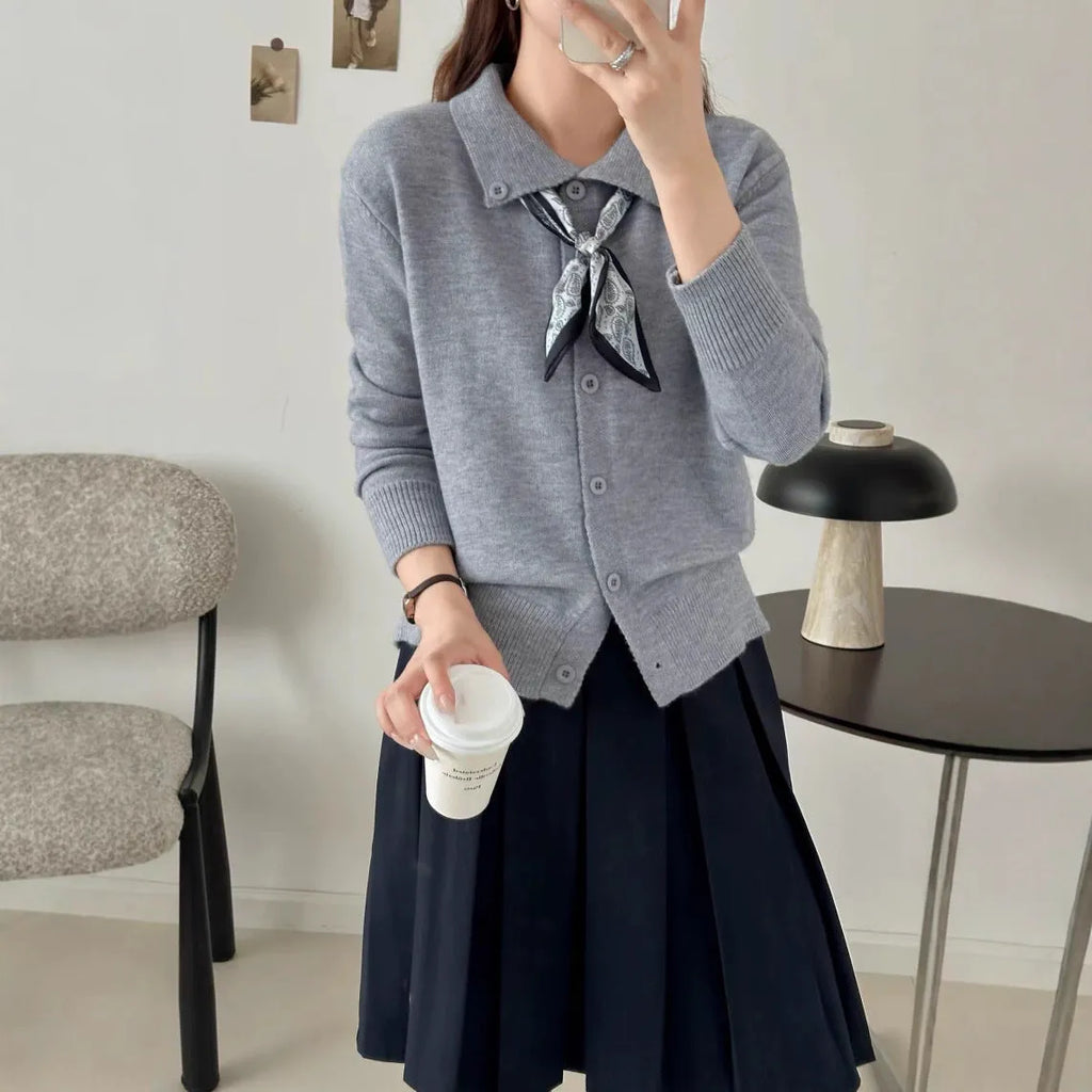 Women's milky white acrylic cardigan with attached lapel scarf and long sleeves