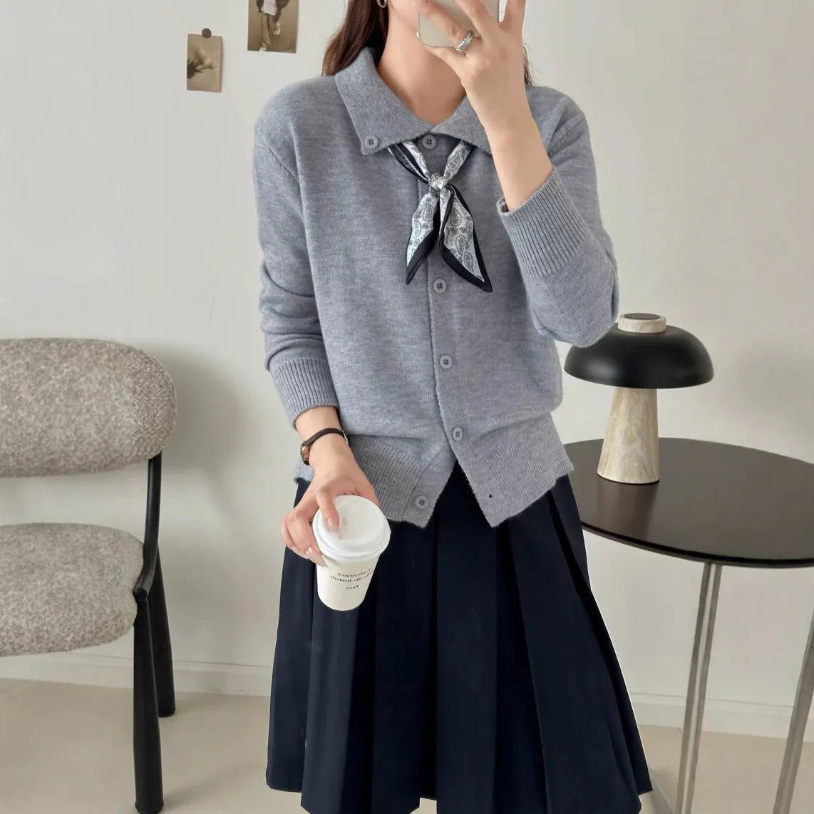 Women's milky white acrylic cardigan with attached lapel scarf and long sleeves
