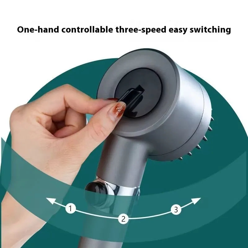 Portable shower head with modern design showing three spray mode controls