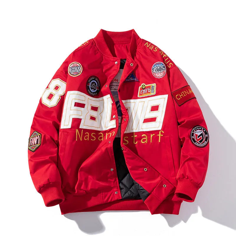 Black blue red American motorcycle baseball uniform with hooded detachable cotton padded options