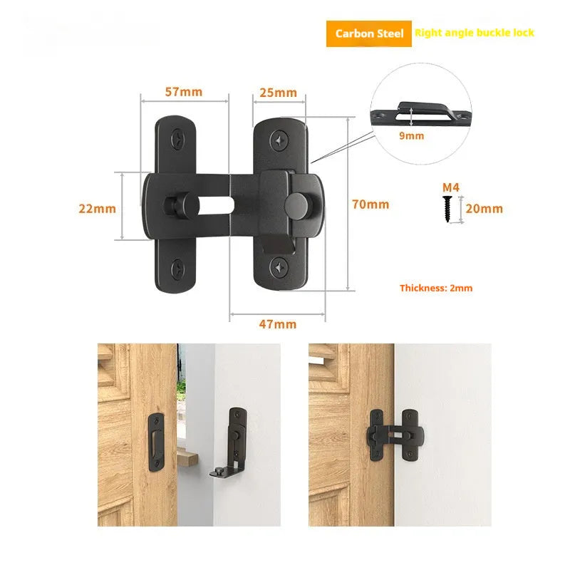 Heavy-duty stainless steel barn door hasp lock with flat shackle, shown at a 90-degree angle.