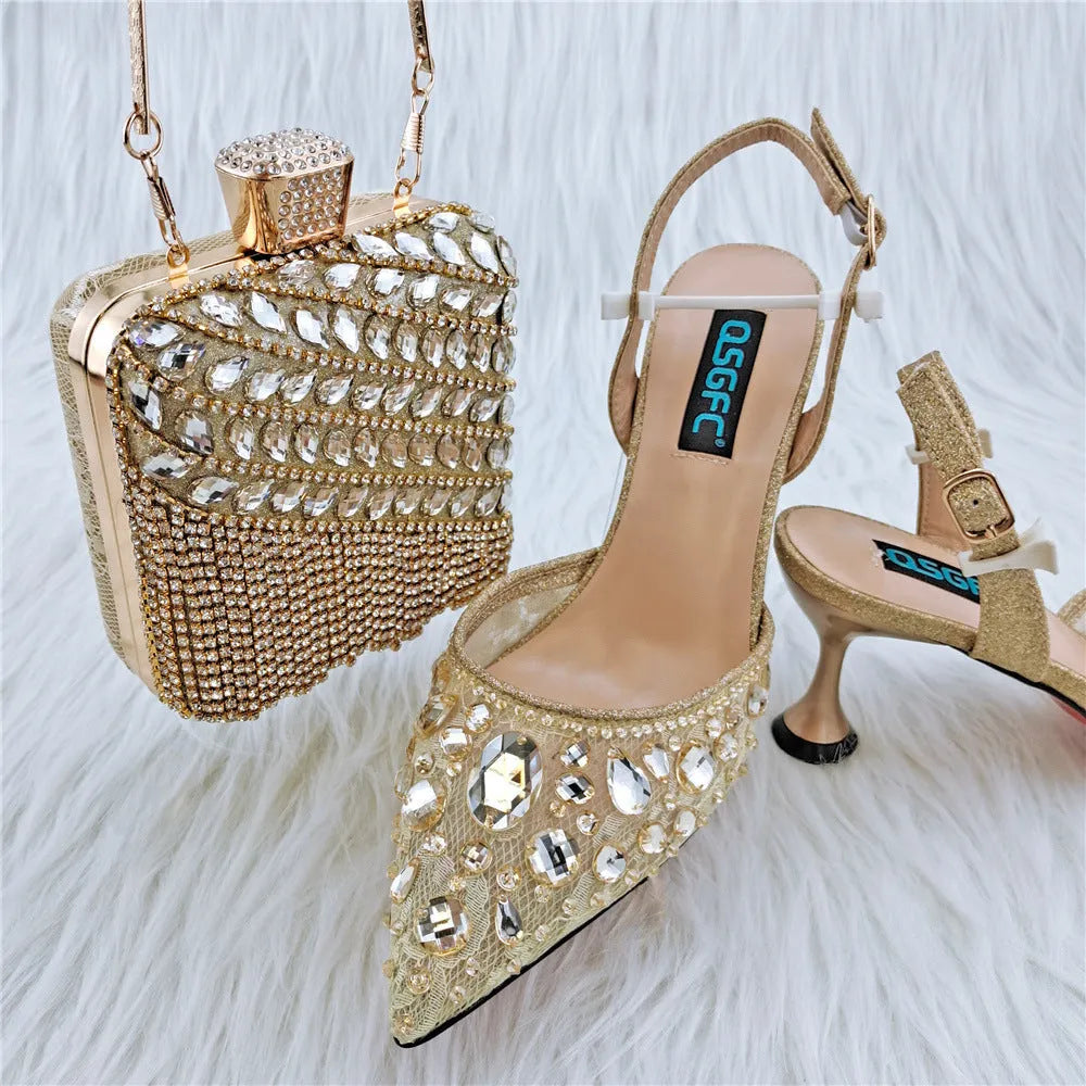 Ladies' party sandals high heels thin heel 6-8cm with matching diamond bag, rubber sole, PU inner, sizes 38-43
