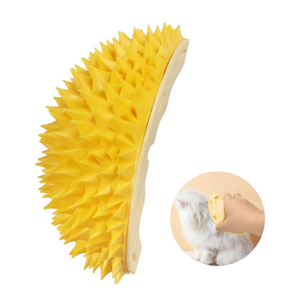 Yellow durian-shaped cat corner massage comb scratcher mounted on a wall.