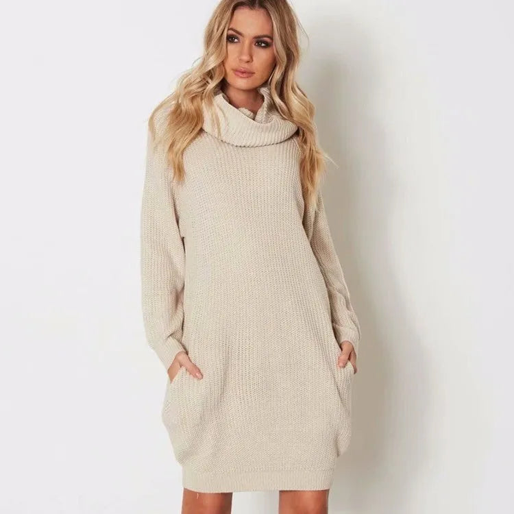 Women's apricot lapel collar sweater with side pockets, loose slim fit on mannequin
