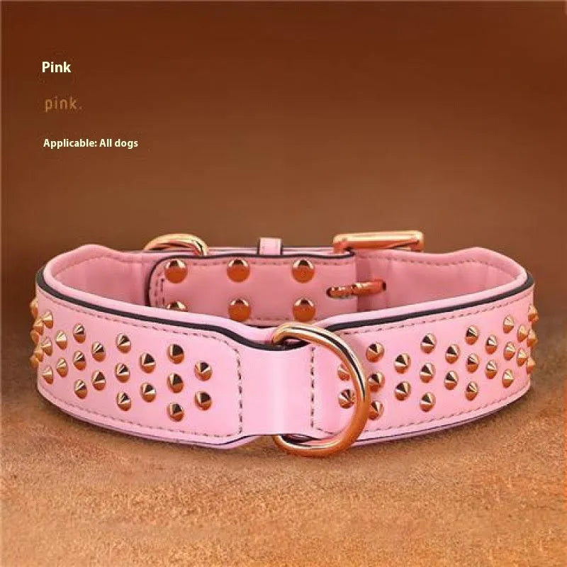 Leather dog collar with metal rivets in black, chocolate, or pink colour, shown in L and XL sizes.