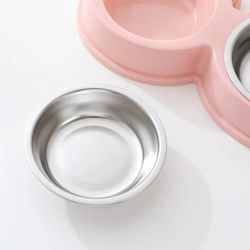 Stainless steel pet double bowl with frog water reservoir in blue, green or pink colours