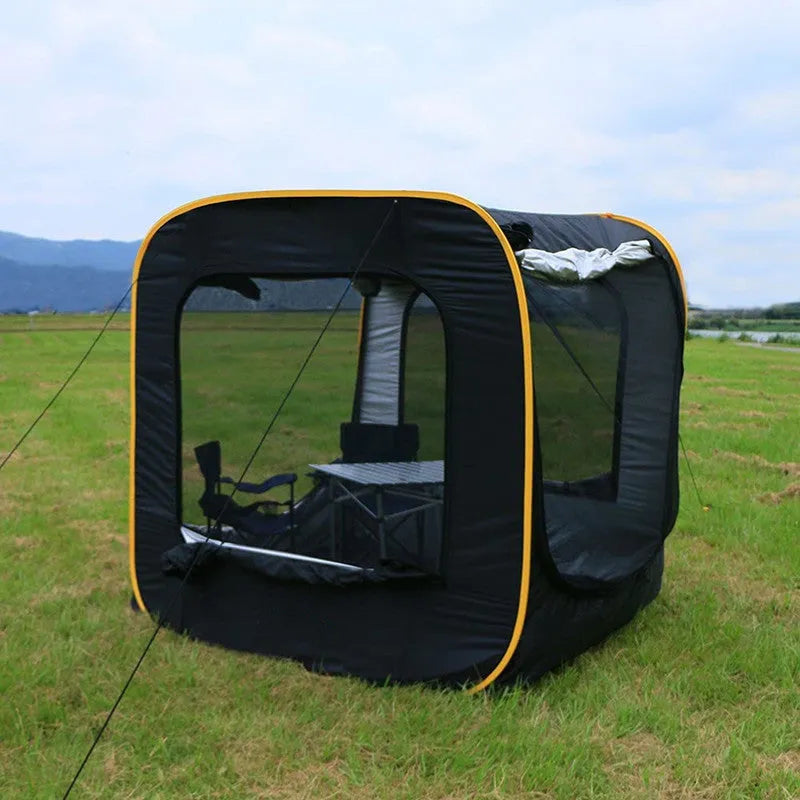 Black pop-up car tailgate tent with quick-throw design, shown unfolded to 200cm dimensions.