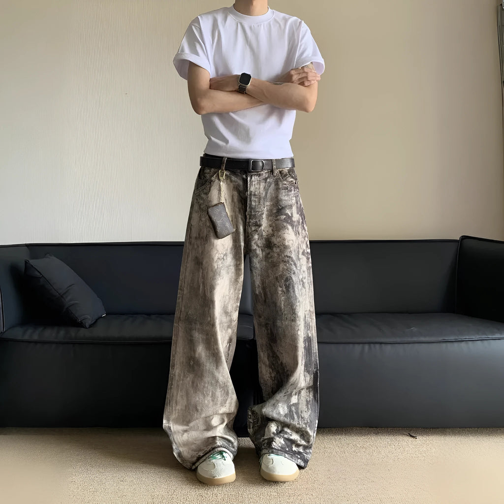 Men's yellow digital camouflage printed denim trousers straight leg casual cotton