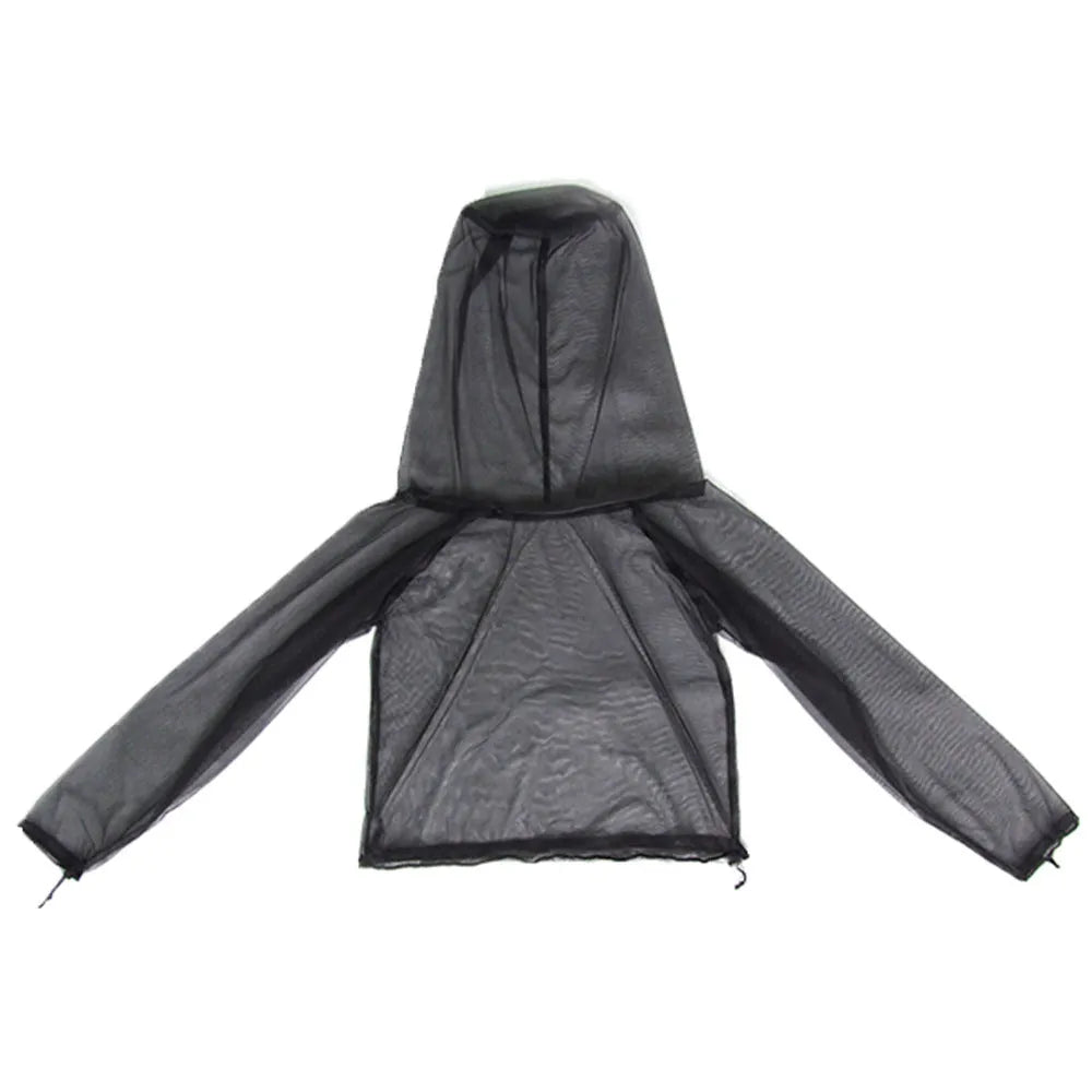 Solid colour mesh anti-mosquito suit for outdoor camping and fishing, shown with hood, pants, and booties.