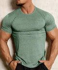 Men's black quick-dry polyester casual short sleeve t-shirt on a hanger.