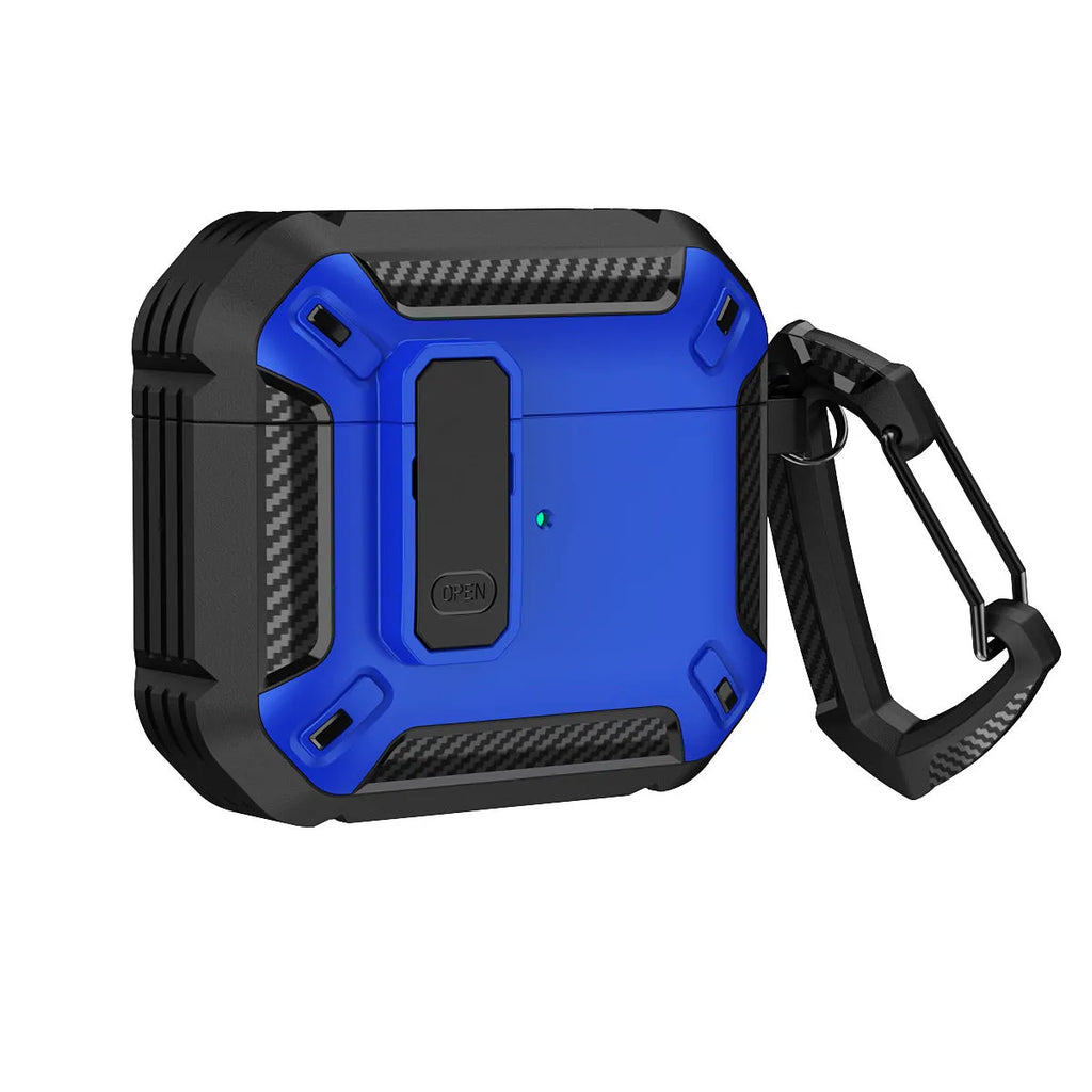 Two-tone plastic clamshell protective case for AirPods with a hook accessory.