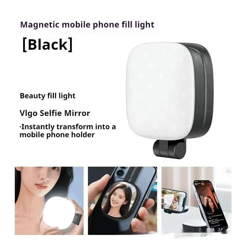 Black and white mobile phone magnetic selfie fill light with adjustable makeup mirror and three-colour temperature settings