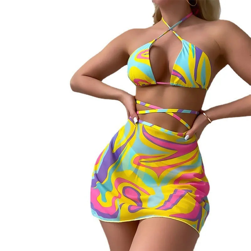 Yellow striped halter-neck lace-up swimsuit for women with matching shorts and skirt