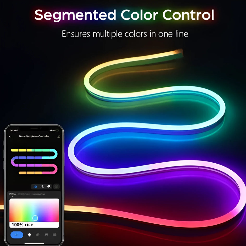 12V LED flexible neon light strip with full colour flowing light, app and voice control, 72 LEDs per metre