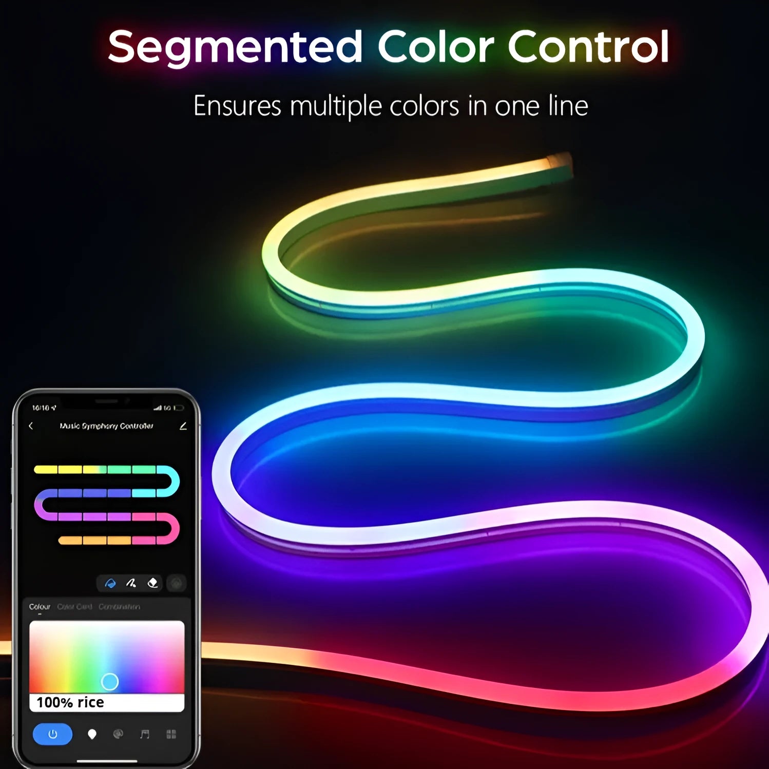 12V LED flexible neon light strip with full colour flowing light, app and voice control, 72 LEDs per metre
