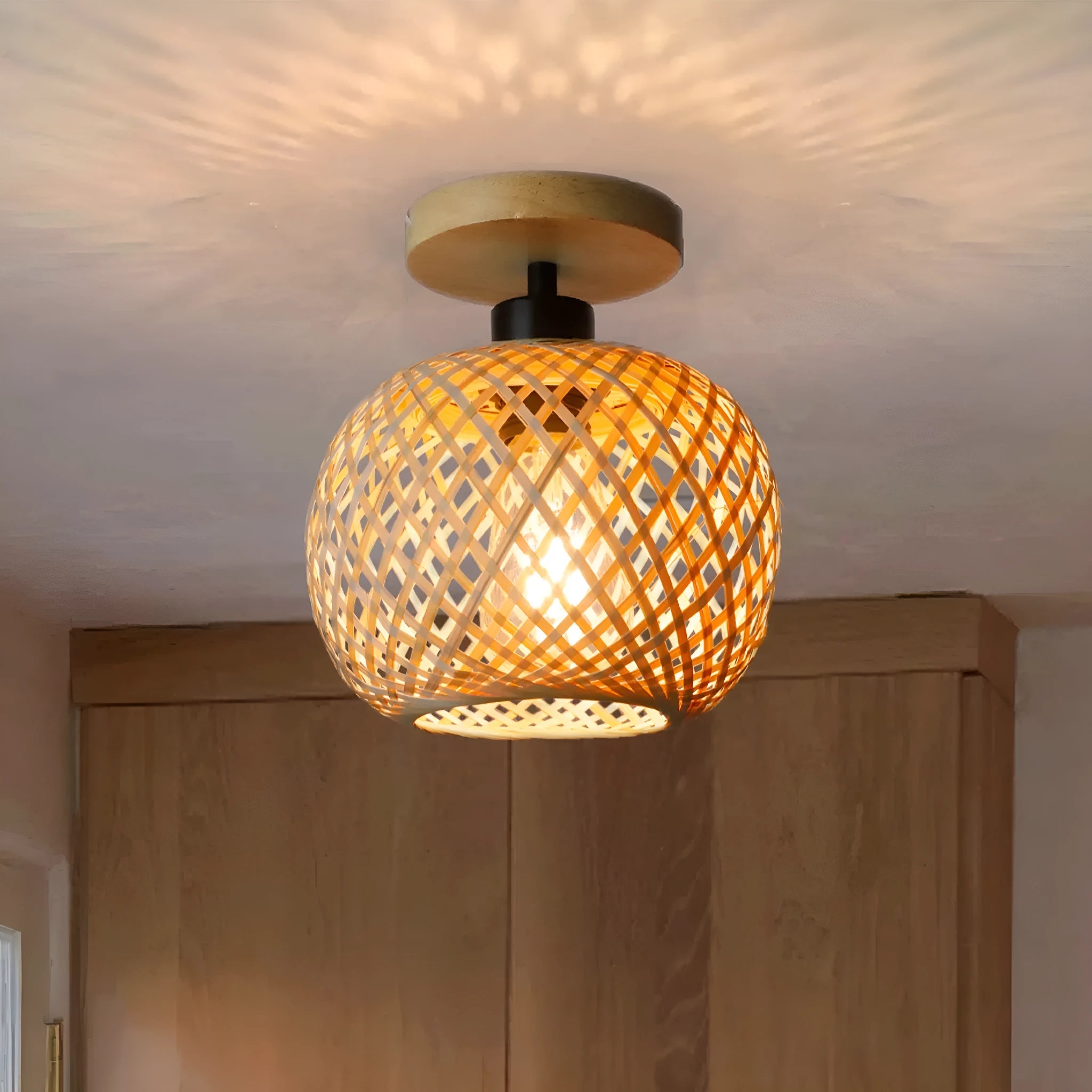 Japanese-style ceiling lamp with a natural bamboo and rattan shade for hallway or corridor lighting.