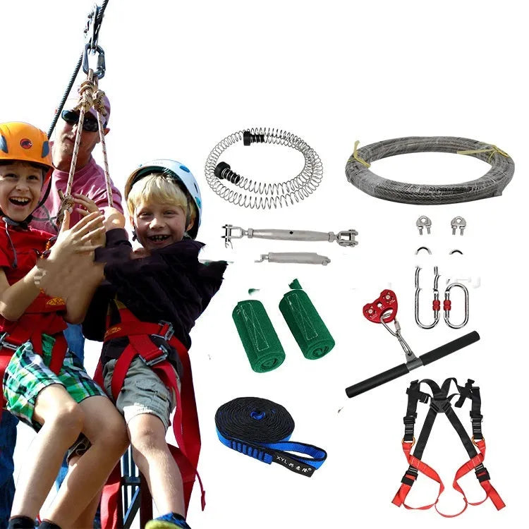 Children's pulley slide rope set with safety harness, alloy steel pulleys, and multiple carabiners for outdoor play